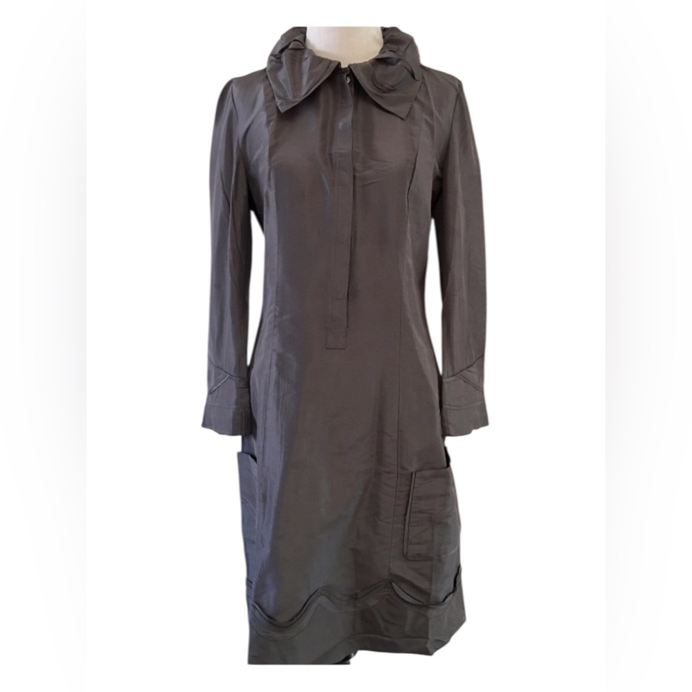 Diane Von Furstenberg Charcoal Long Sleeve Shift Dress with Bow Collar